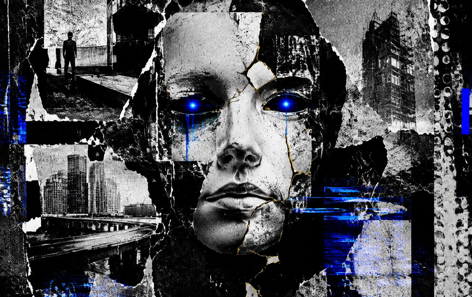 Cracked white mask with electric-blue eyes and gold fractures, collaged over city textures